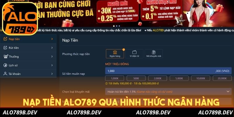 Nạp tiền Alo789 qua hình thức ngân hàng