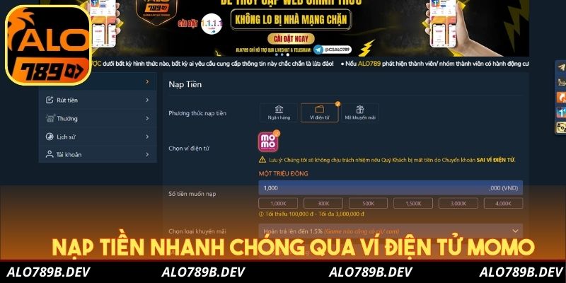 Nạp tiền nhanh chóng qua ví điện tử Momo